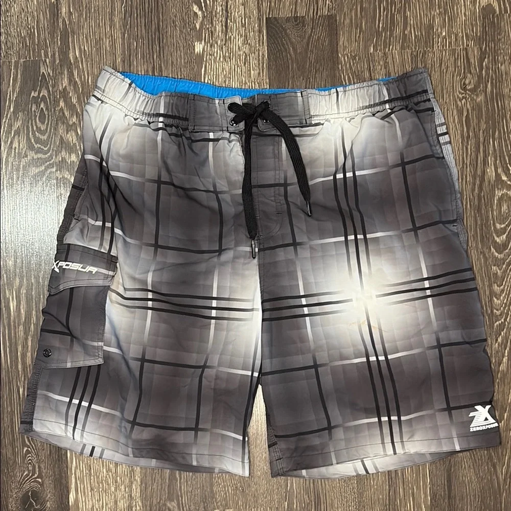 ZeroXposur Men's Gray Swim Shorts with bright blue waistband size XL